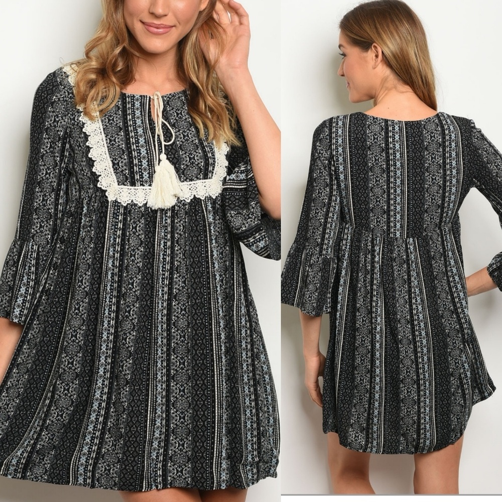 Ivory and Black Lace Bell Sleeve Dress